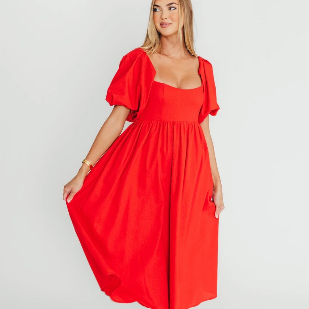 Red Puff Sleeve Midi Dress
